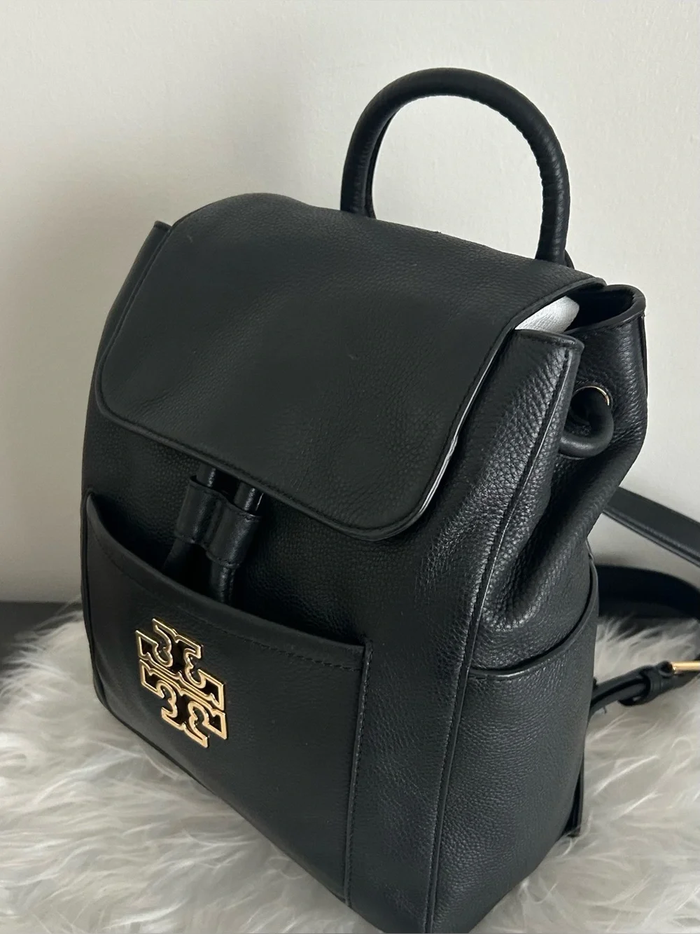 Tory Burch Black Leather Backpack Gold Logo Pebbled Convertible Bag